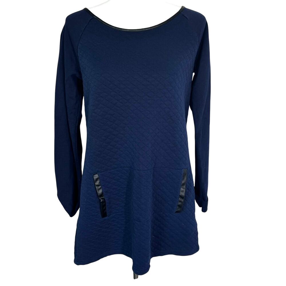 SOFT SURROUNDINGS Womens XS Navy Blue Quilted Tunic Top Faux Leather Trim Pocket